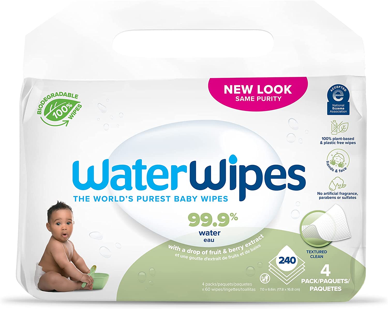 WaterWipes Plastic-Free Textured Clean, Toddler & Baby Wipes, 99.9% Water Based Wipes, Unscented & Hypoallergenic for Sensitive Skin, 240 Count (4 packs), Packaging May Vary - Image 1